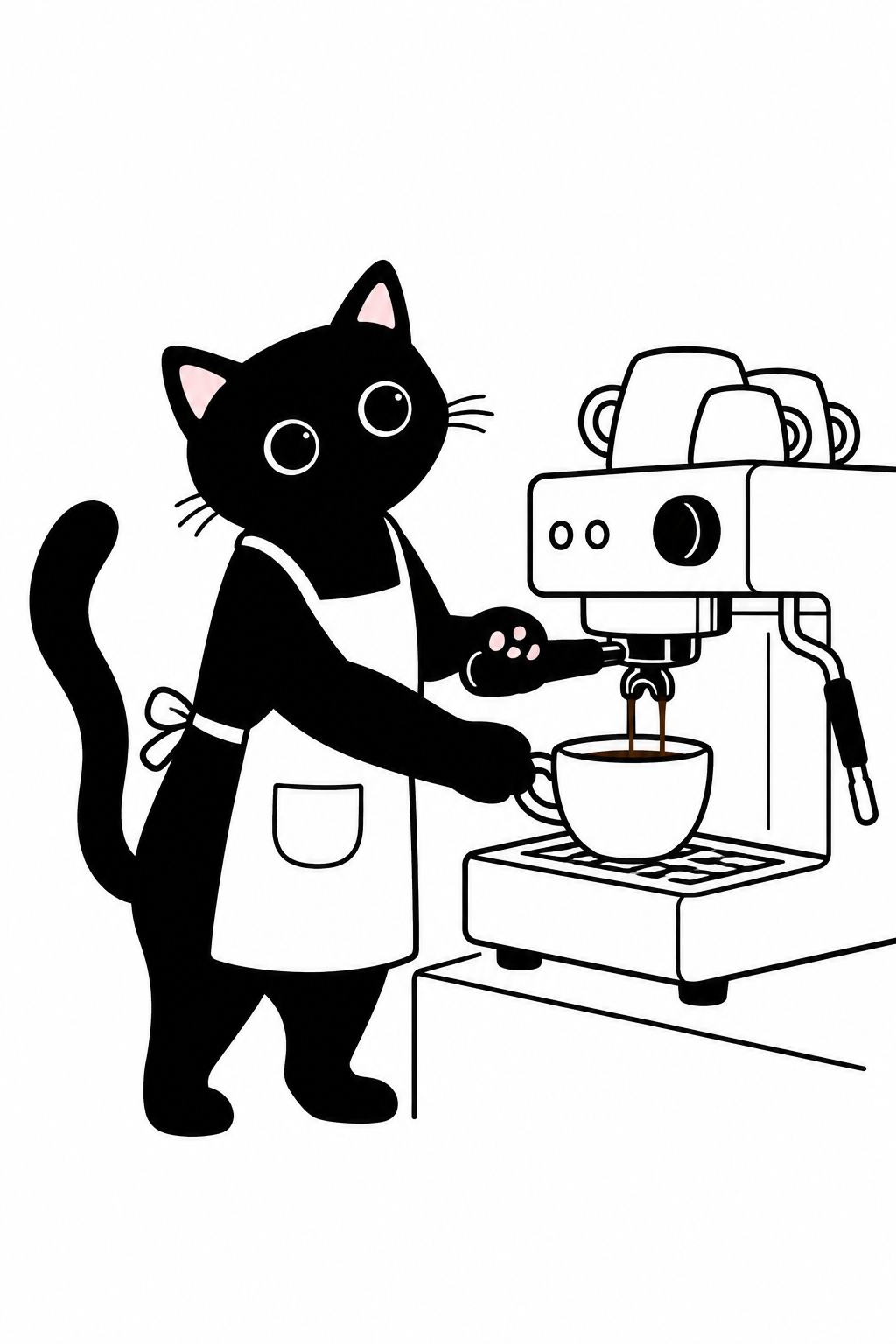 Black cat in an apron preparing coffee at an espresso machine