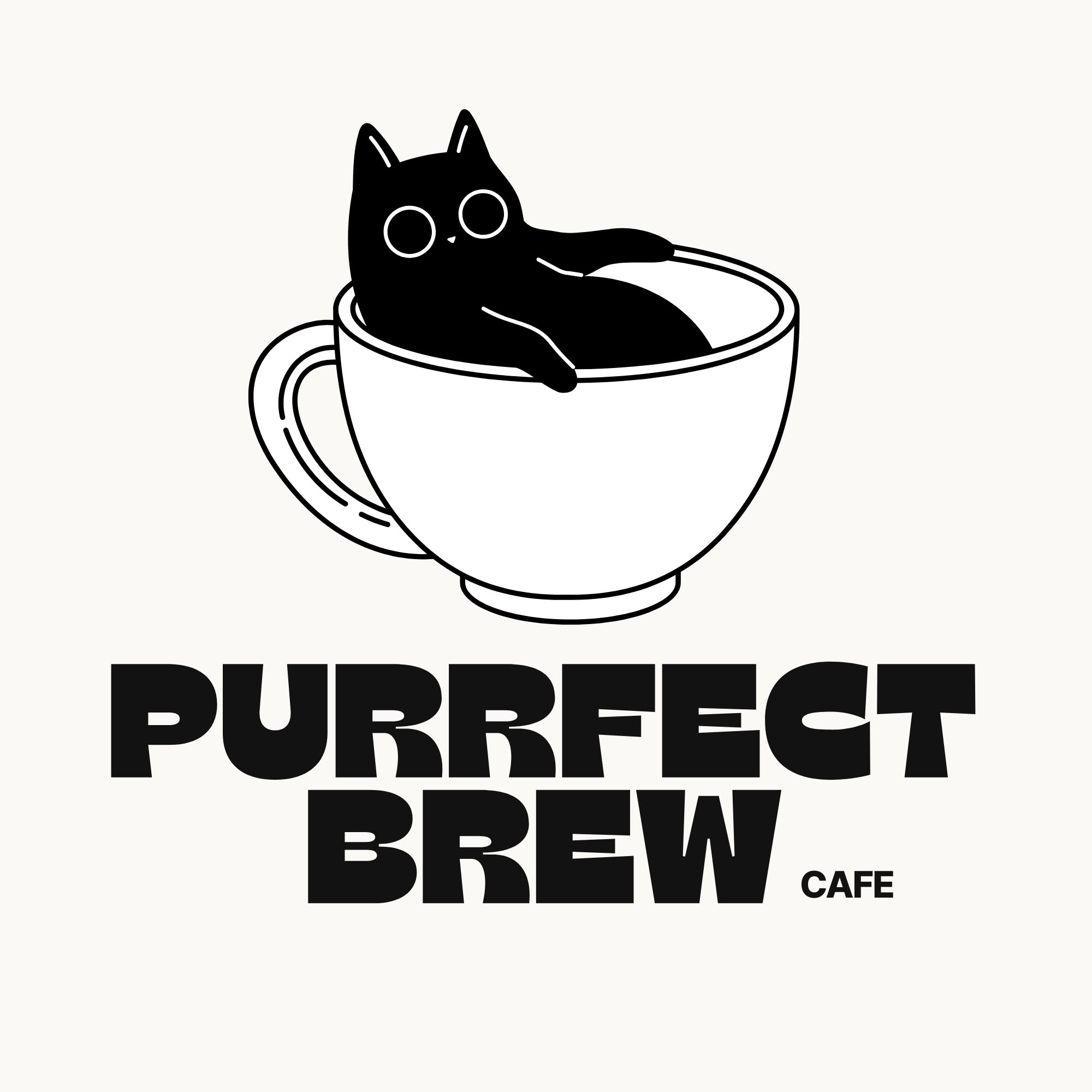 Purrfect Brew Cafe black cat relaxing in a coffee cup