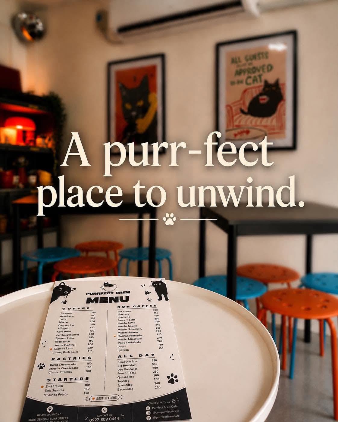 Small café tables, colorful stools, and framed cat artwork.