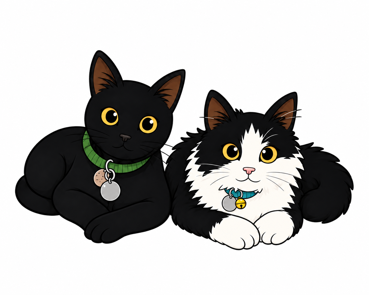 Illustration of Toothless, a black cat with a green collar, and Oreo, a fluffy black and white cat with a blue collar